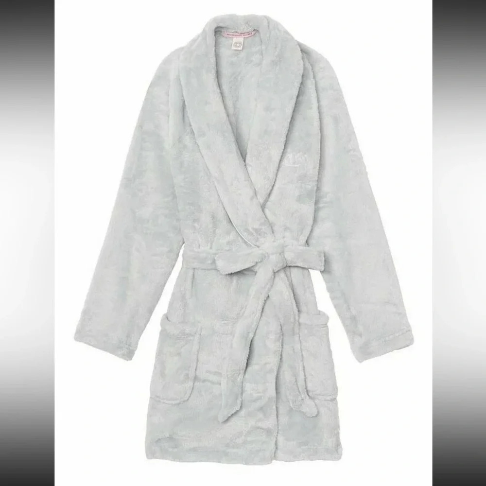 Victoria's Secret Cozy Plush Short Bath Robe Gray Blue